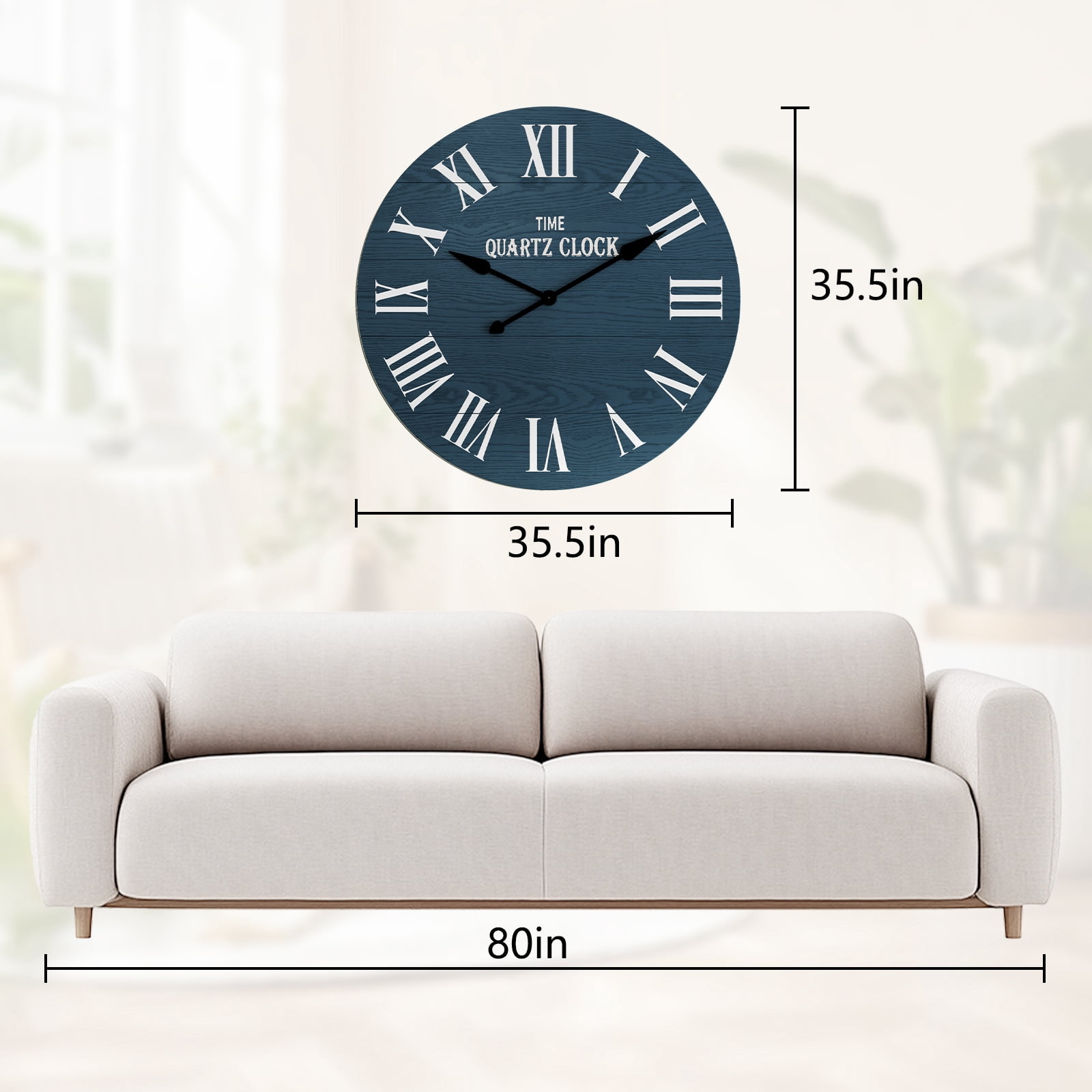 HLR 35.5” Farmhouse Large Shiplap Round Wall Clock with Roman Numeral for Living Room Decor, Navy Blue