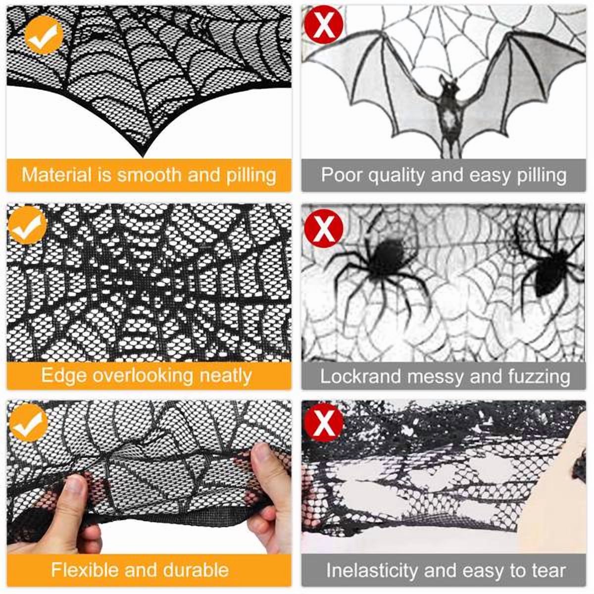 2-Pack Halloween Fireplace Mantle Scarf, Black Lace with Spider Web Design, for Haunted House, Mantel, Window, Party Decor