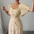 thumbnail image 5 of Women’s Summer Maxi Dress Casual Chiffon Floral Short Sleeve V Neck A-Line Flowy Dresses Beach Wedding Guest Dress Yellow L, 5 of 6