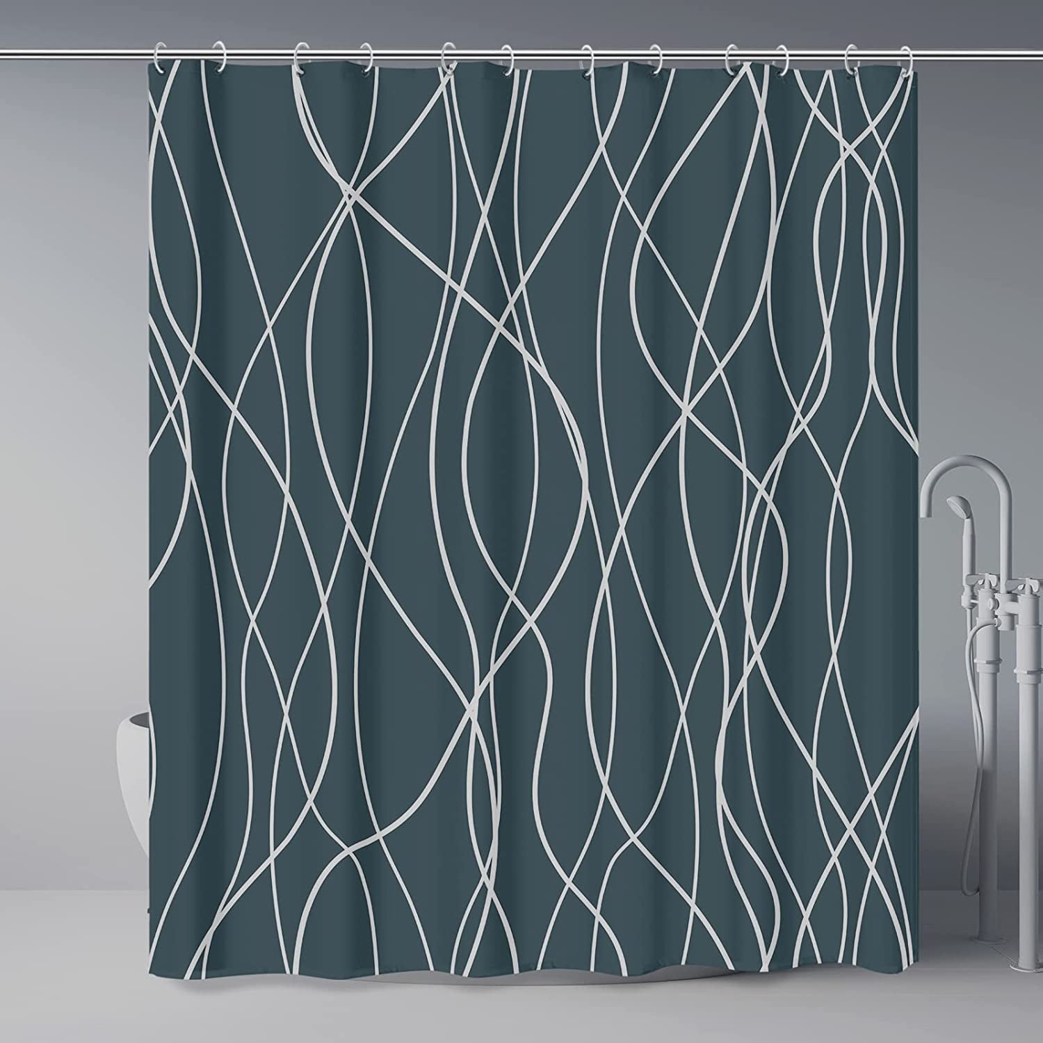 Grey and White Striped Fabric Shower Curtain for Bathroom with 12 Hooks, Shower Curtains for ...