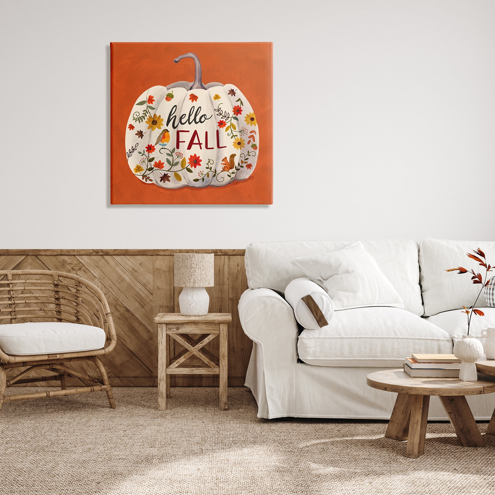 Hello Fall Patterned White Pumpkin Floral Botanicals Botanical & Floral Graphic Art Gallery-Wrapped Canvas Print Wall Art
