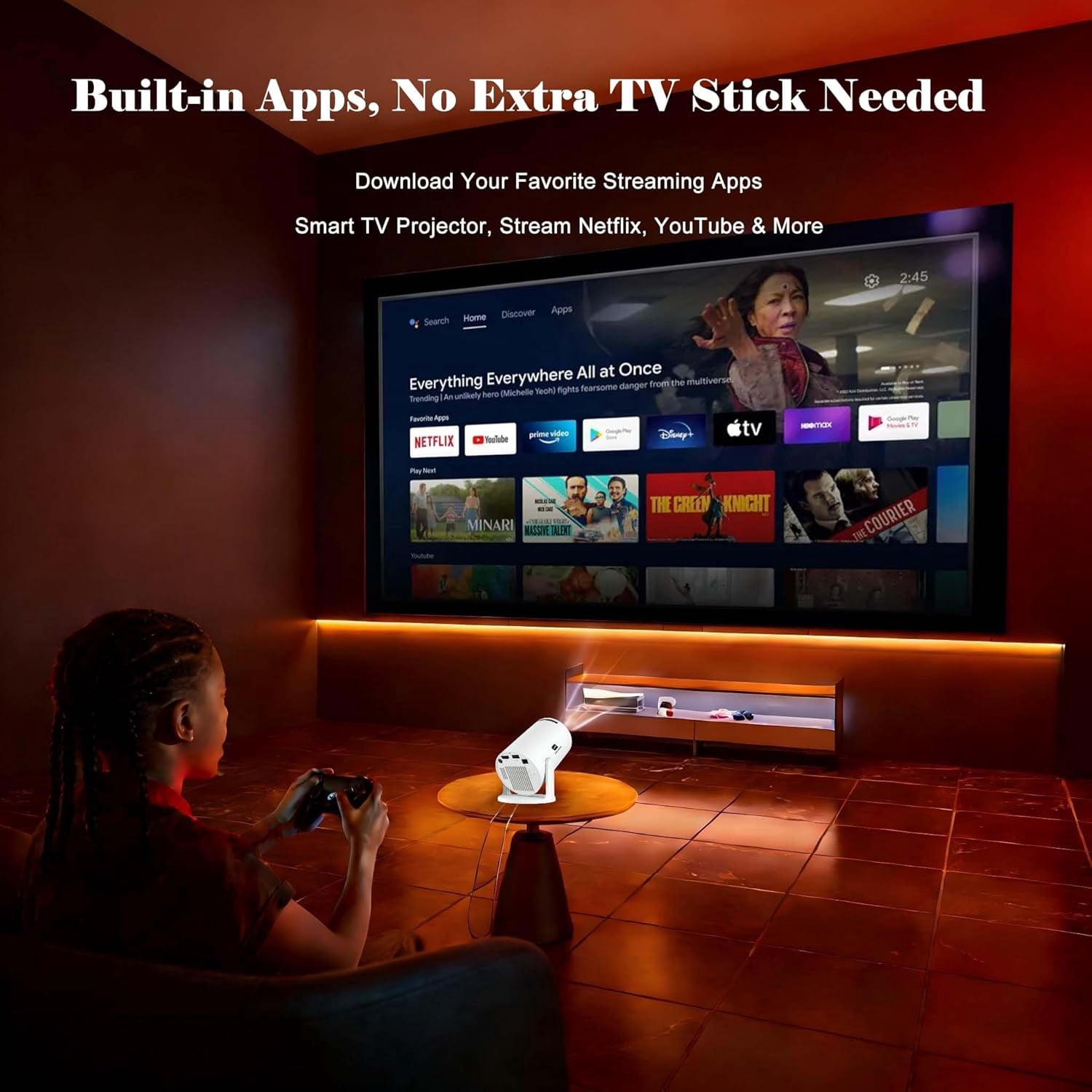 Short Throw Projector with WiFi  Android 11 Auto  Portable  Projector for Bedroom Outdoor Ceiling Wall