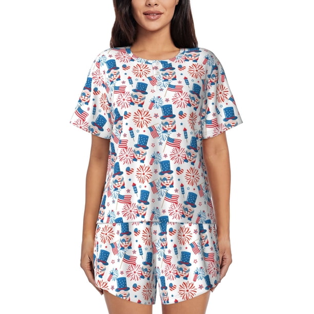Balery American Gnomes Conjunto de Pijama para Mujer con Estampado, Dos Piezas de Manga Corta y Shorts, Ropa de Dormir Suave con Cuello Redondo y Bolsillos-4X-Large