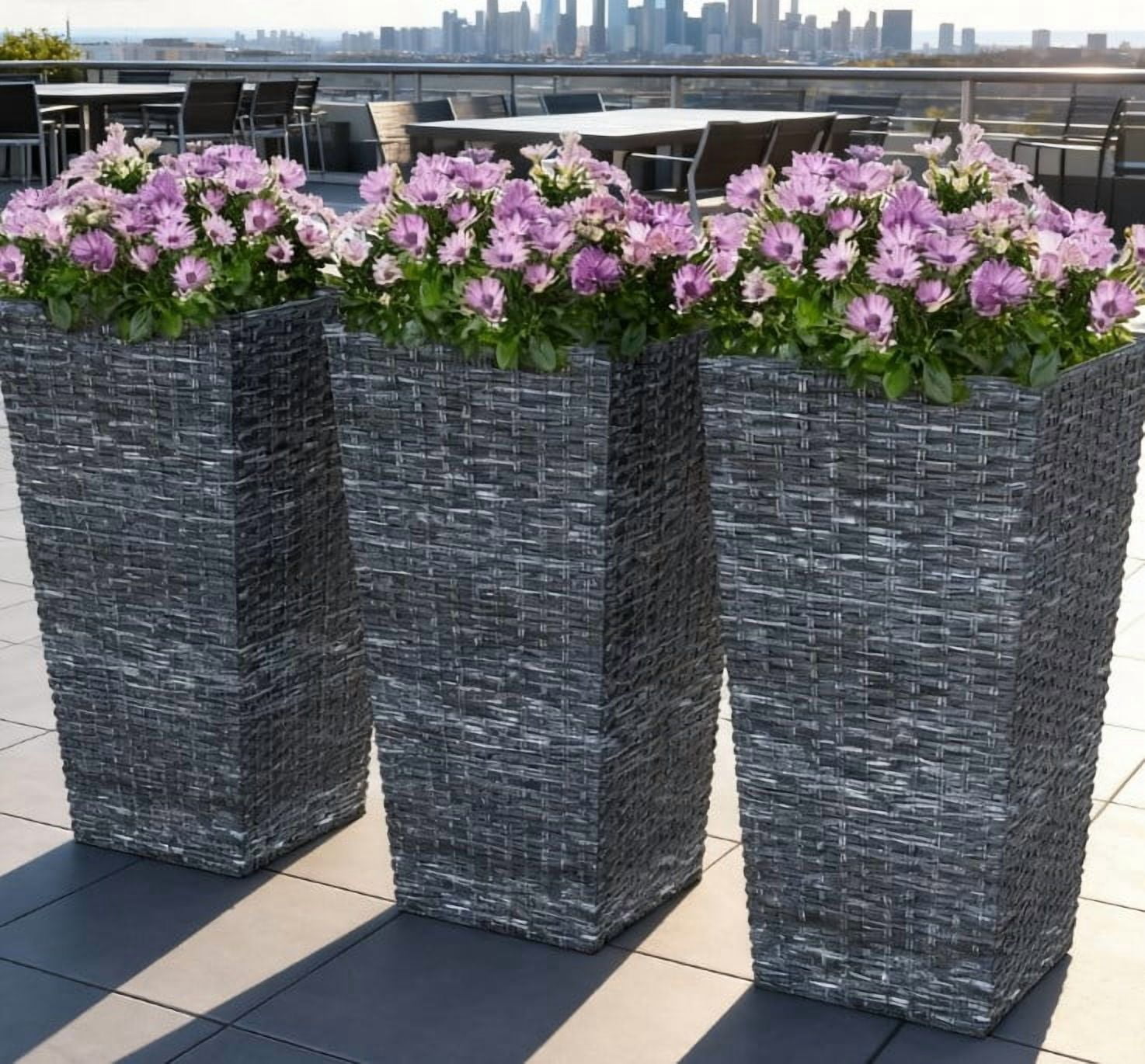 Tall Planters for Outdoor Plants, with Drainage Holes, Rattan Decor Plant Pots for Indoor Outdoor, Set of 3