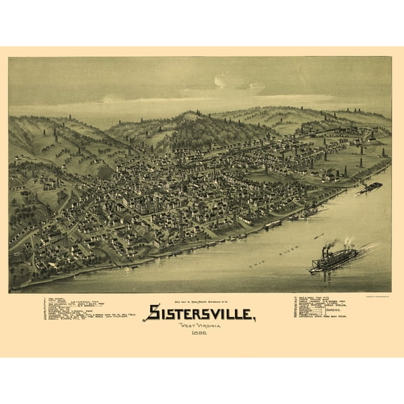 Historic Panoramic View - Sistersville West Virginia - Fowler 1896 - 23 x 29.81 - Vintage Wall Art