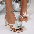 thumbnail image 2 of Womens Kitten Heels Square Toe Tong Sandals Heeled Flip Flops with Flower Decor Summer Dressy Slip on Slides Shoes Beige Size 6.5, 2 of 9