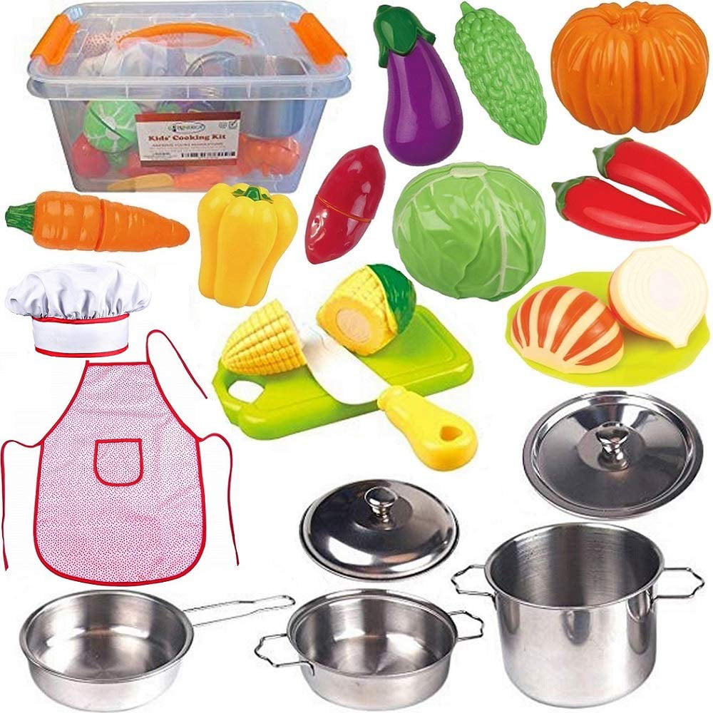 Kids Play Kitchen Cooking Utensils Pot Pans Accessory Set Preschool Smar M1X7 