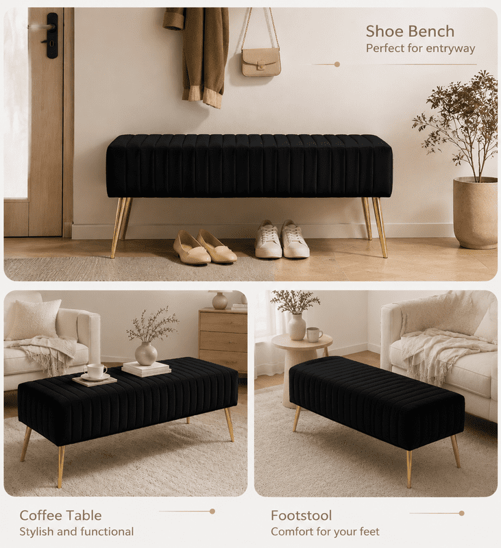 Modern Upholstered Bedroom Bench, End of Bed Bench with Gold Metal Legs, Fabric Entryway Bench Ottoman, Padded Accent Bench for Bedroom, Living Room, Hallway, Black