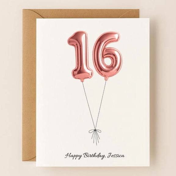 Birthday card with rose gold balloons for 16th birthday, elegant design, includes space for personalized message, ideal for celebrating a sweet 16.
