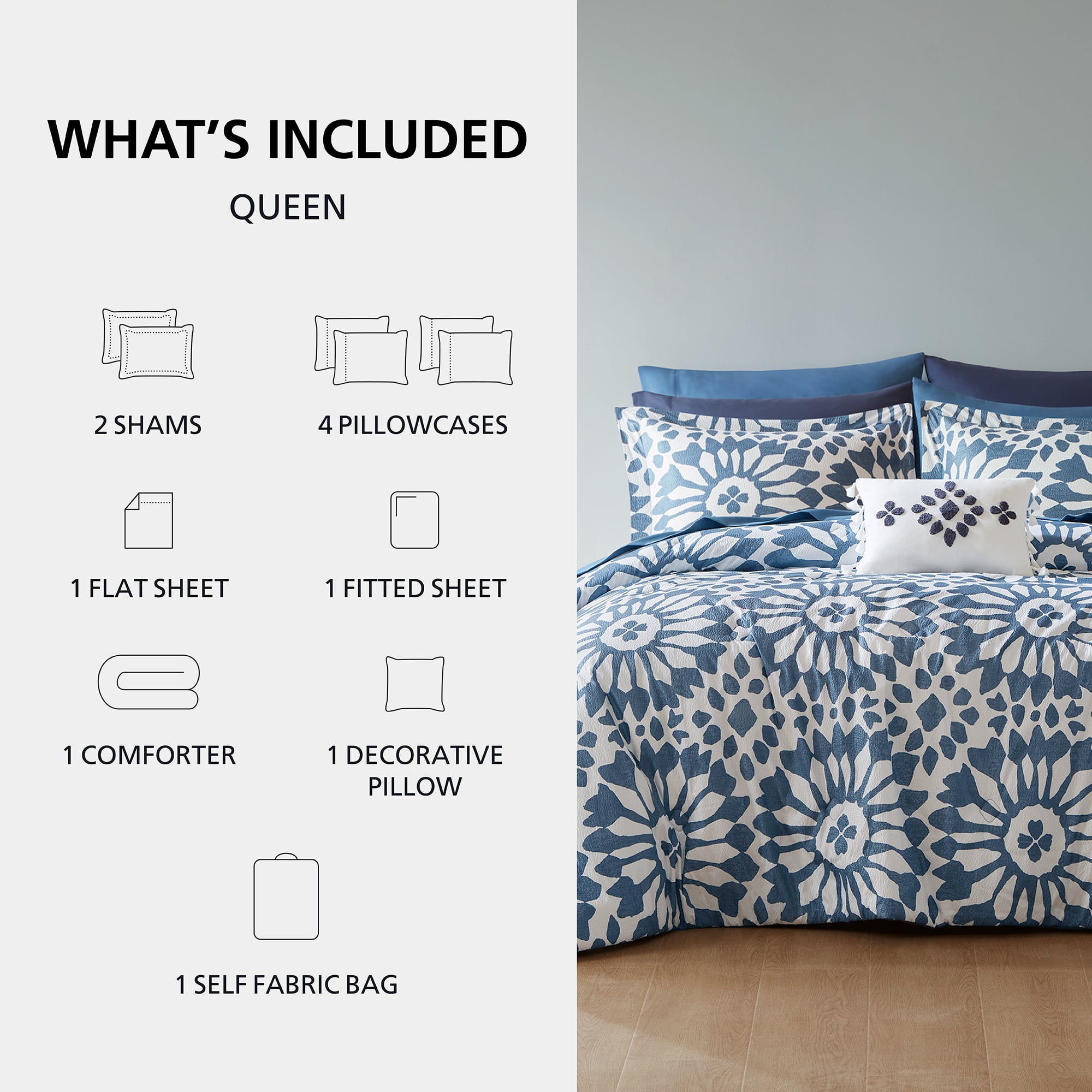 Mainstays All in One Reversible Comforter and Sheet set- 11 Piece, Queen, Indigo Tile Print