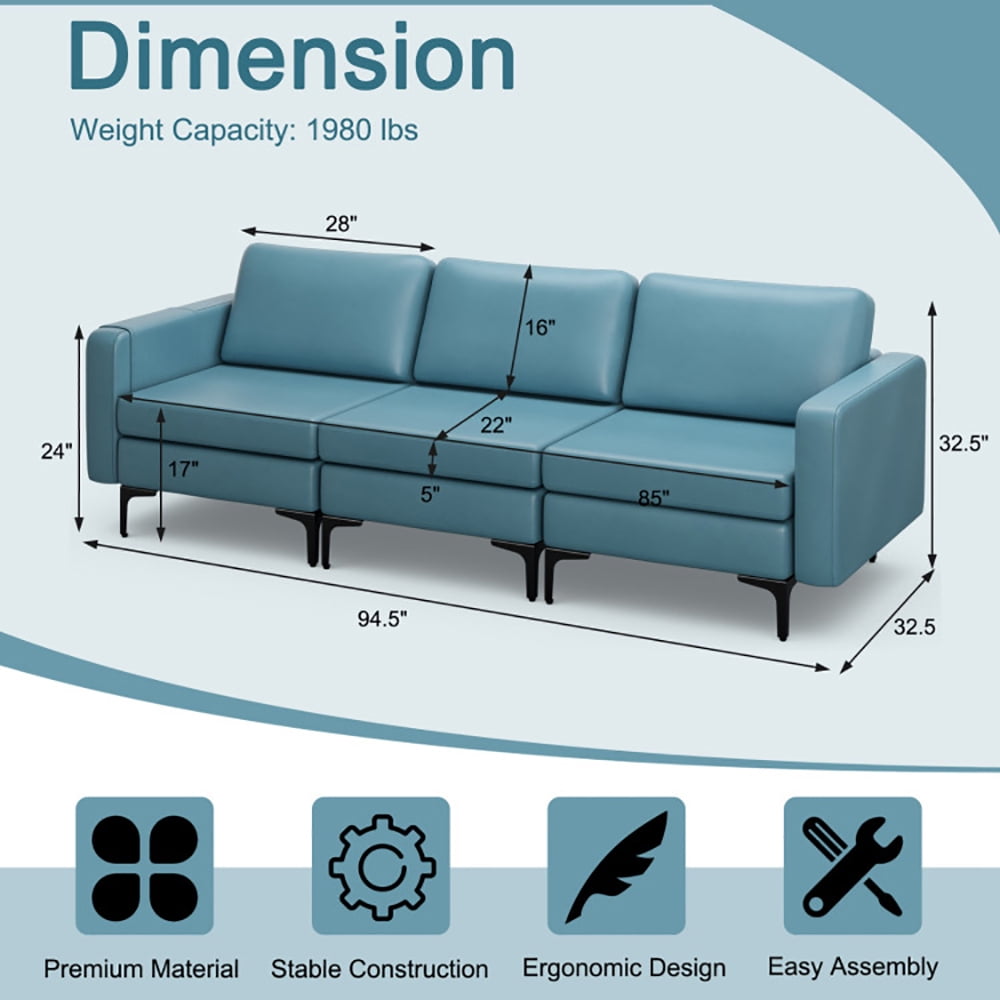 Finihen Leather Sofa, 3-Seat Sofa, Convertible Leather Sofa Couch with Magazine Pockets 3-Seat with 2 USB Port, for Living Room, Bedroom, Blue Finihen Leather Sofa, 3-Seat Sofa, Convertible Leather Sofa Couch with Magazine Pockets 3-Seat with 2 USB Port, for Living Room, Bedroom, Blue