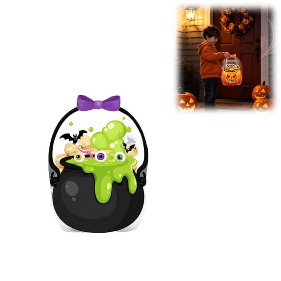 Halloween Candy Treat Bags With Handles, Cauldron & Pumpkin Shaped Clear Zipper Goodie Pouches, Trick‑Or‑Treat Gift Bags For Holiday Party Favors(Green)