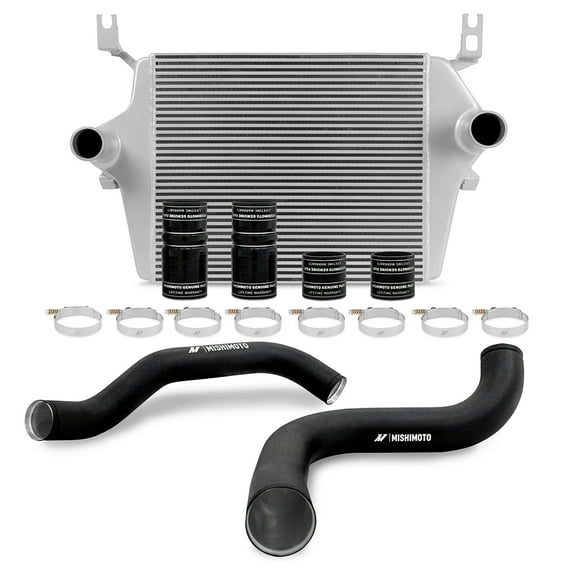 Mishimoto MMINT-F2D-99KSLBK Intercooler Kit, Compatible With Ford 7.3L Powerstroke  1999-2003 Silver Intercooler with Wrinkle-Black Pipes