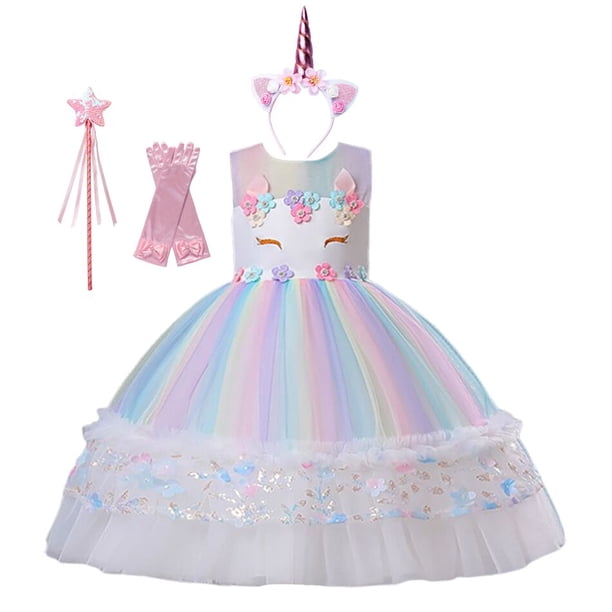 Vestido de princesa arcoíris Pastel para niñas pequeñas, vestido de fiesta de cumpleaños de noche de boda, disfraz de Cosplay de unicornio para niños Fivean unisex