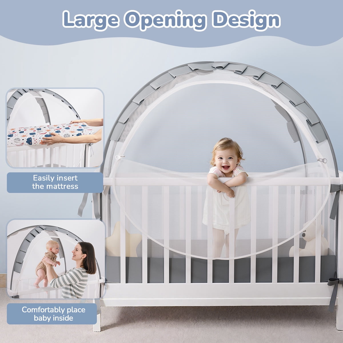 Crib Tent for Baby, Caveen Baby Crib Cover, Pop up Crib Canopy with Auto-Lock Zipper, Large Opening and Space, Portable