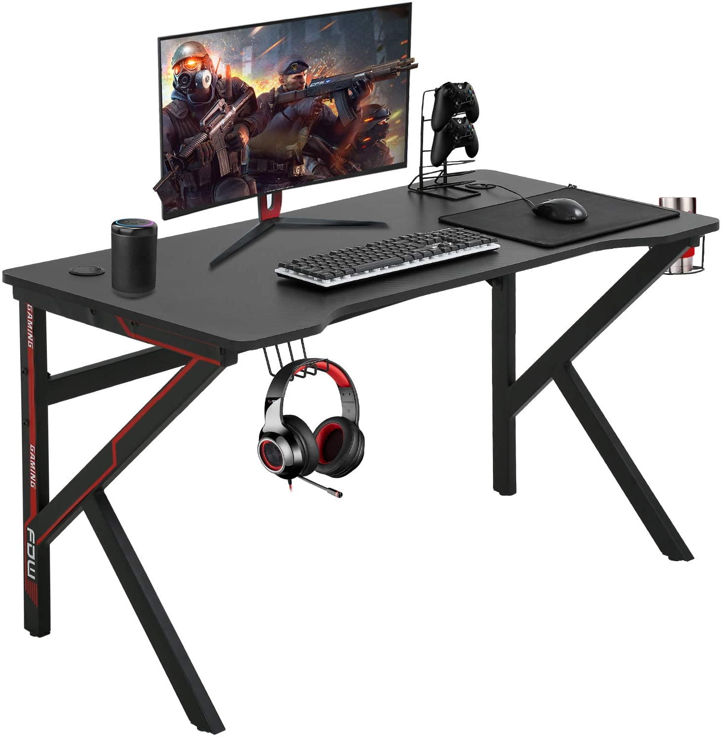 Ergonomic Gaming Desk Computer Table with Headphone Cup Holder Cable Management