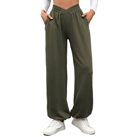 Gyexs Barrel Sweatpants Women High Elastic Waist Flowy Sweater Pants High Waisted Athletic Joggers with Drawstring, Army Green, Size L