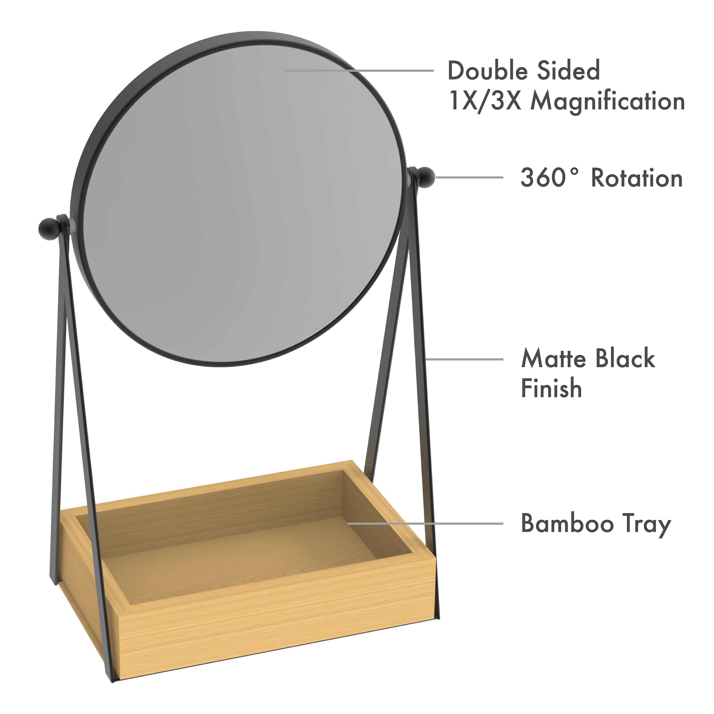 Better Homes & Gardens Vanity Mirror, 6.5in. Desk Mirror with 1X/3X Magnification and Bamboo Storage Tray