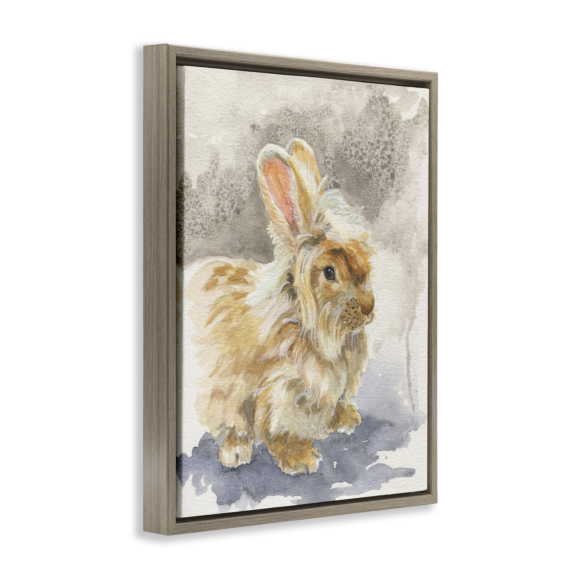 Stupell Industries Angora Bunny Watercolor Animals Painting Brown Floater Framed Canvas Art Print Wall Art, 17 x 21