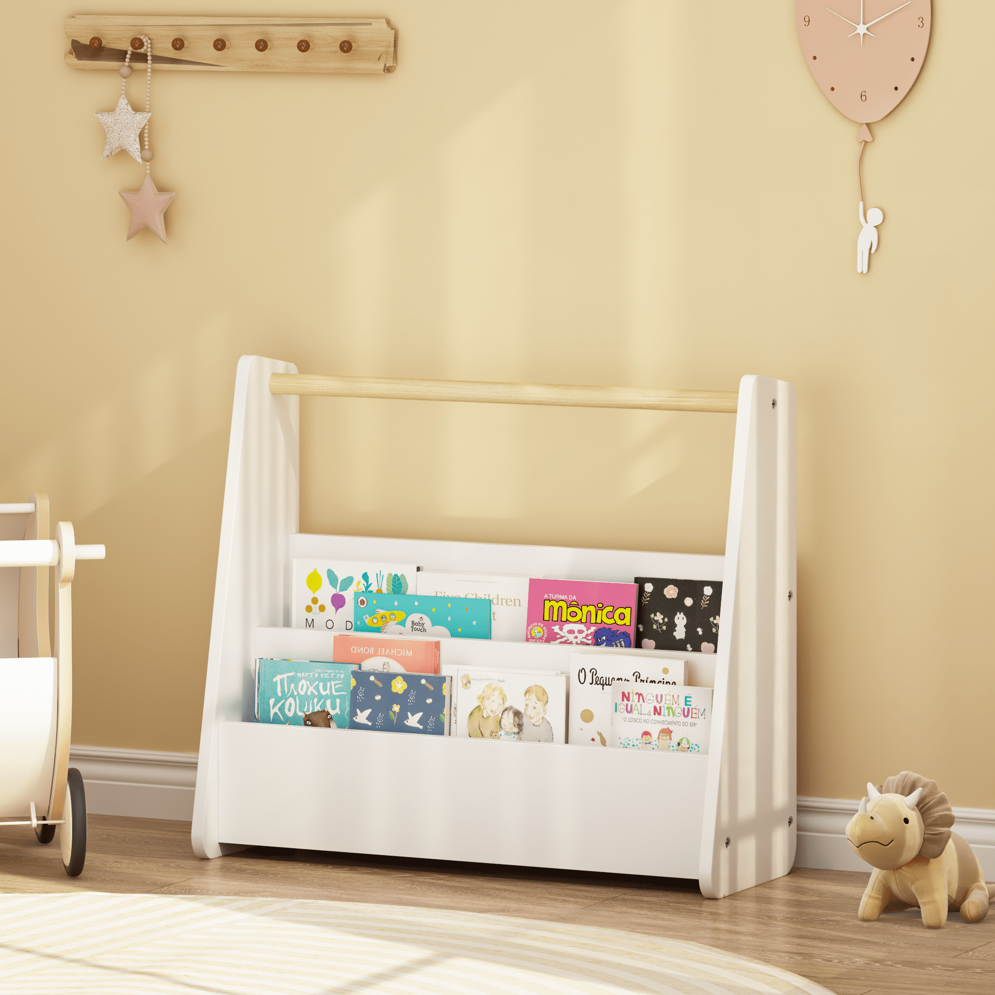Kids Bookshelf with Wooden Handle, 2-Tier Front-Facing Toddler Bookcase, Portable Children's Book Storage Organizer for Bedroom, Playroom, Nursery, or Classroom, White