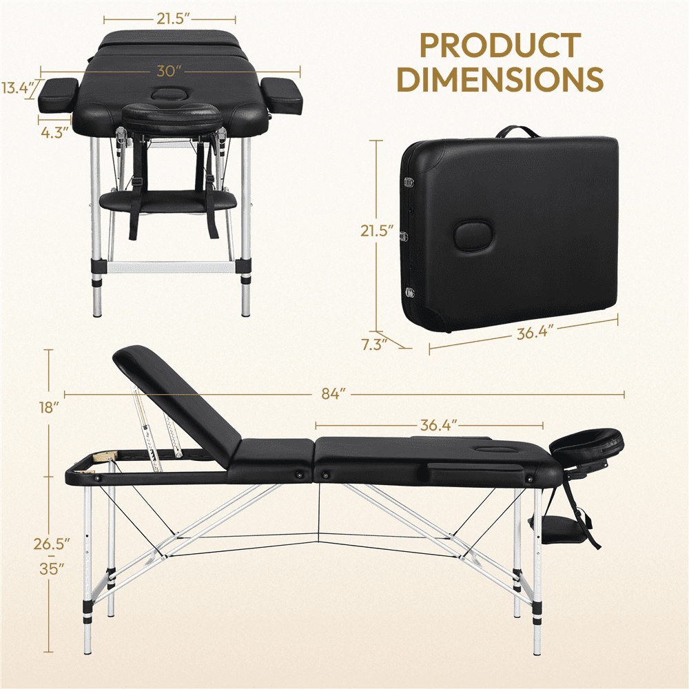 Renwick Portable Adjustable Massage Table with Metal Legs, Black