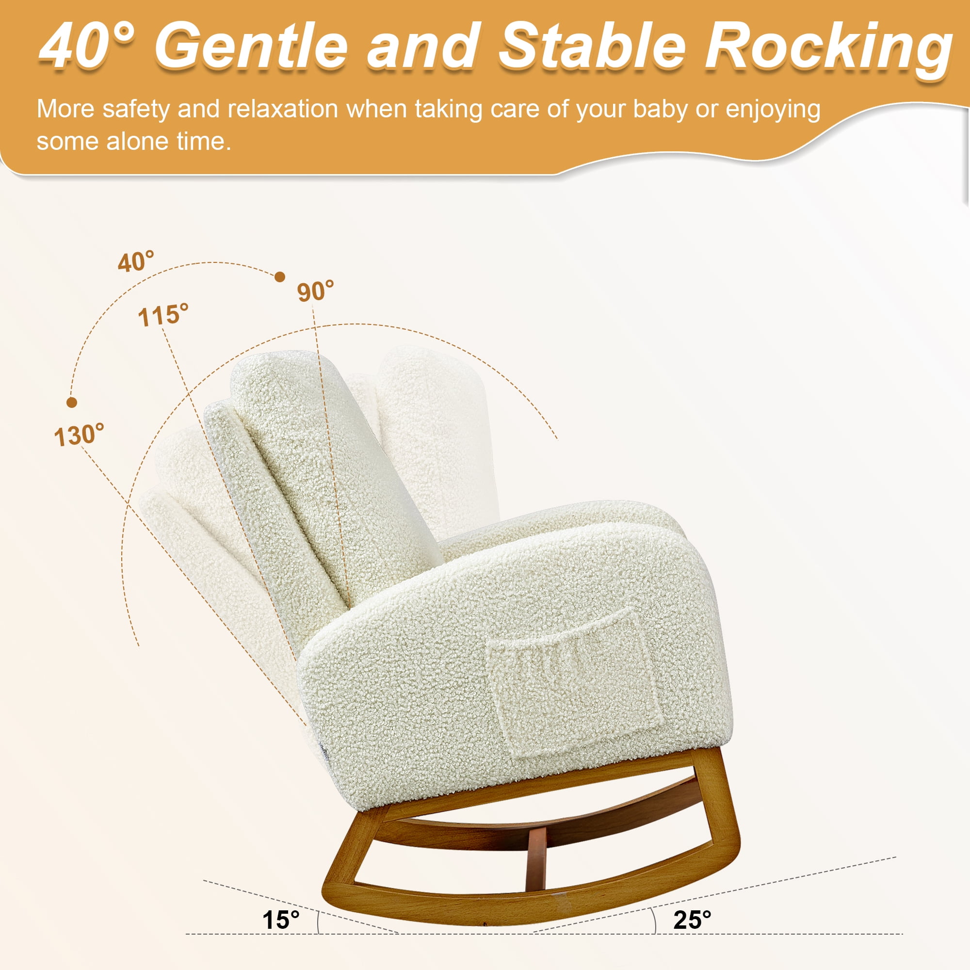 Lunale Rocking Chair for Nursery, High Back Adults Glider Rocker for Living Room, White Teddy
