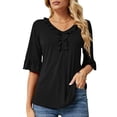 thumbnail image 1 of Camiseta de verano elegante y holgada informal con cuello en V y media manga con ribete de volantes para mujer Negro L, 1 of 2