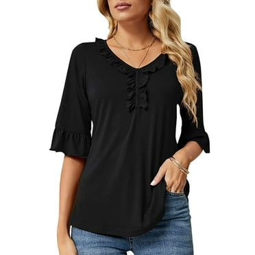 V-Neck Ruffle Sleeve Top, Black Casual Loose Dressy Summer Tee for Women, Size L
