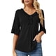 thumbnail image 1 of Camiseta de verano elegante y holgada informal con cuello en V y media manga con ribete de volantes para mujer Negro L, 1 of 2