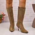 thumbnail image 5 of Women Pointed Toe Side Zipper Stiletto Knee High Boots Solid Color Faux Suede Elegant Fall Winter Boots Multi Color US Size 4.5 To 8.5 Khaki, 5 of 9