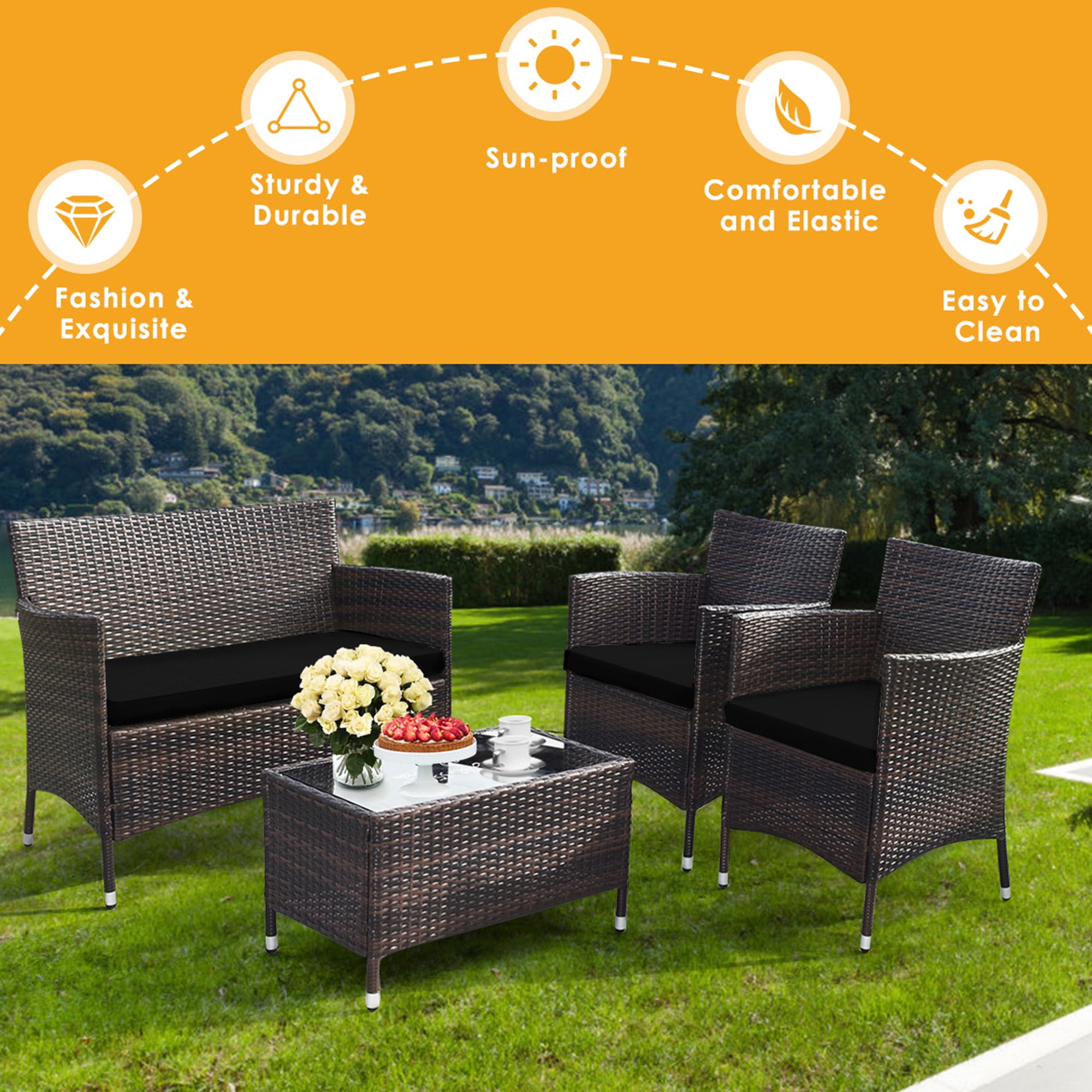 Gymax 4PCS Patio Rattan Conversation Furniture Set Outdoor w/ Black Cushion