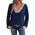 thumbnail image 2 of Camisetas de Larga de Moda de Otoño para Mujer, Sudaderas con Cuello en V y Botones de Patchwork, Tops Casuales Tipo Pulóver Azul Marino M, 2 of 9