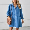thumbnail image 2 of Posijego Womens Denim Mini Dress Casual 3/4 Sleeve Collared Pleated A-Line Button Down Jean Short Dresses, 2 of 7