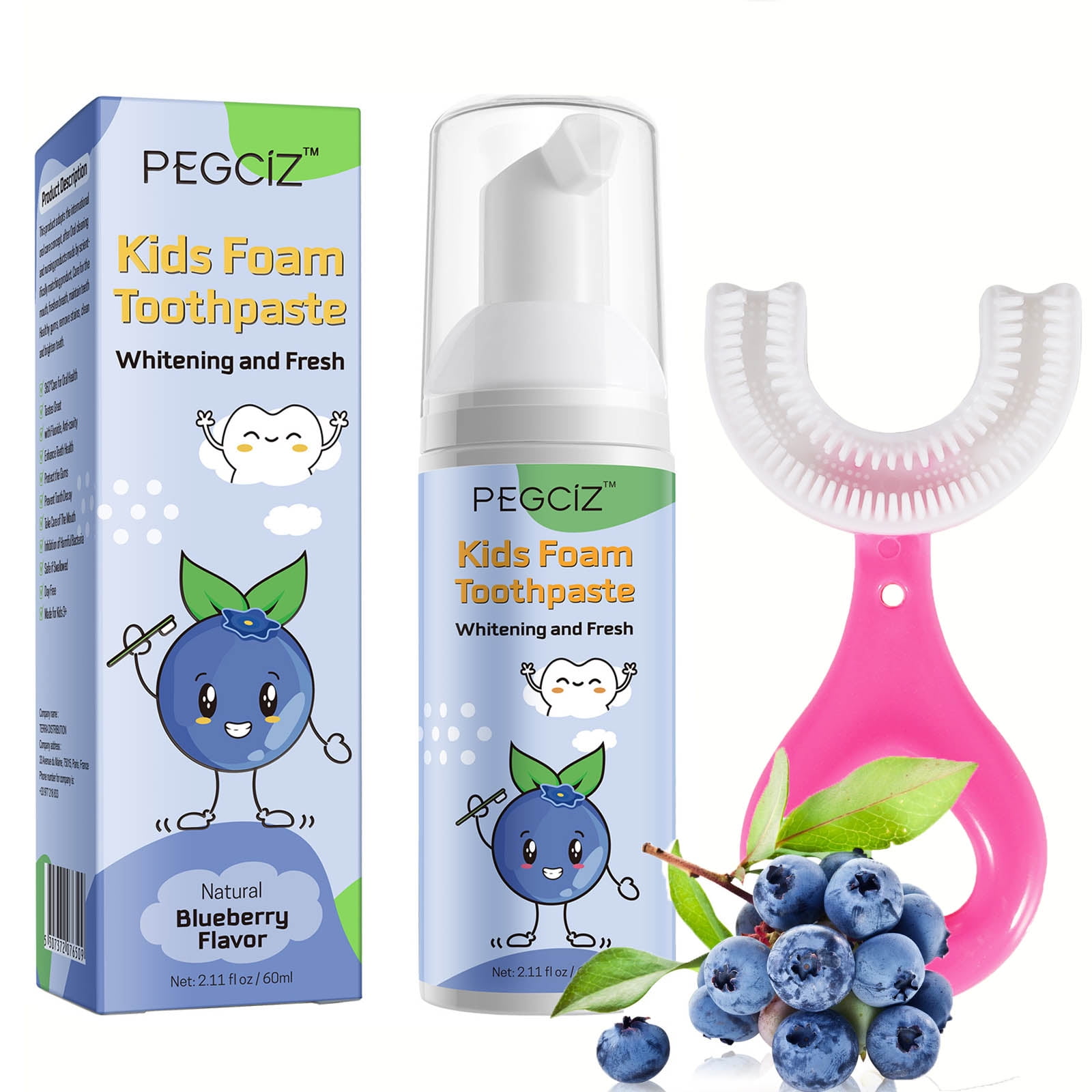 Pegciz Kids Foam Toothpaste Blueberry, Children Mouthwash with U Shaped
