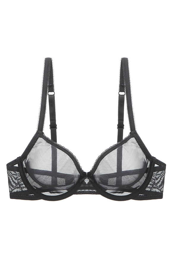 Sexy Sheer See Through Bras Unlined Underwire Lace Mesh Non Padded Plus Sizes Bralette 40D, Black
