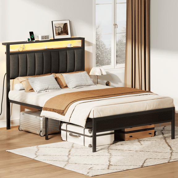 Glozzt Full LED Bed Frame with Smart RGB Lights, Headboard Charging Station, Versatile Storage Solution, Comfortable Upholstered Backrest, No Box Spring Needed