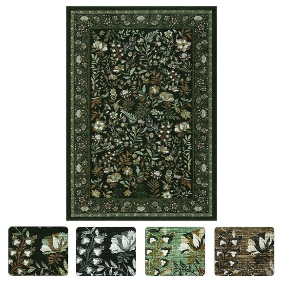 Tapis Lavable 5*7 Pi Grand – Tapis Vintage Botanique Floral avec Endos Antidérapant, Tapis Ultra Mince et Doux à Poils Courts pour Salon, Chambre, Salle à Manger, Chambre de Bébé et Bureau – Noir et Vert