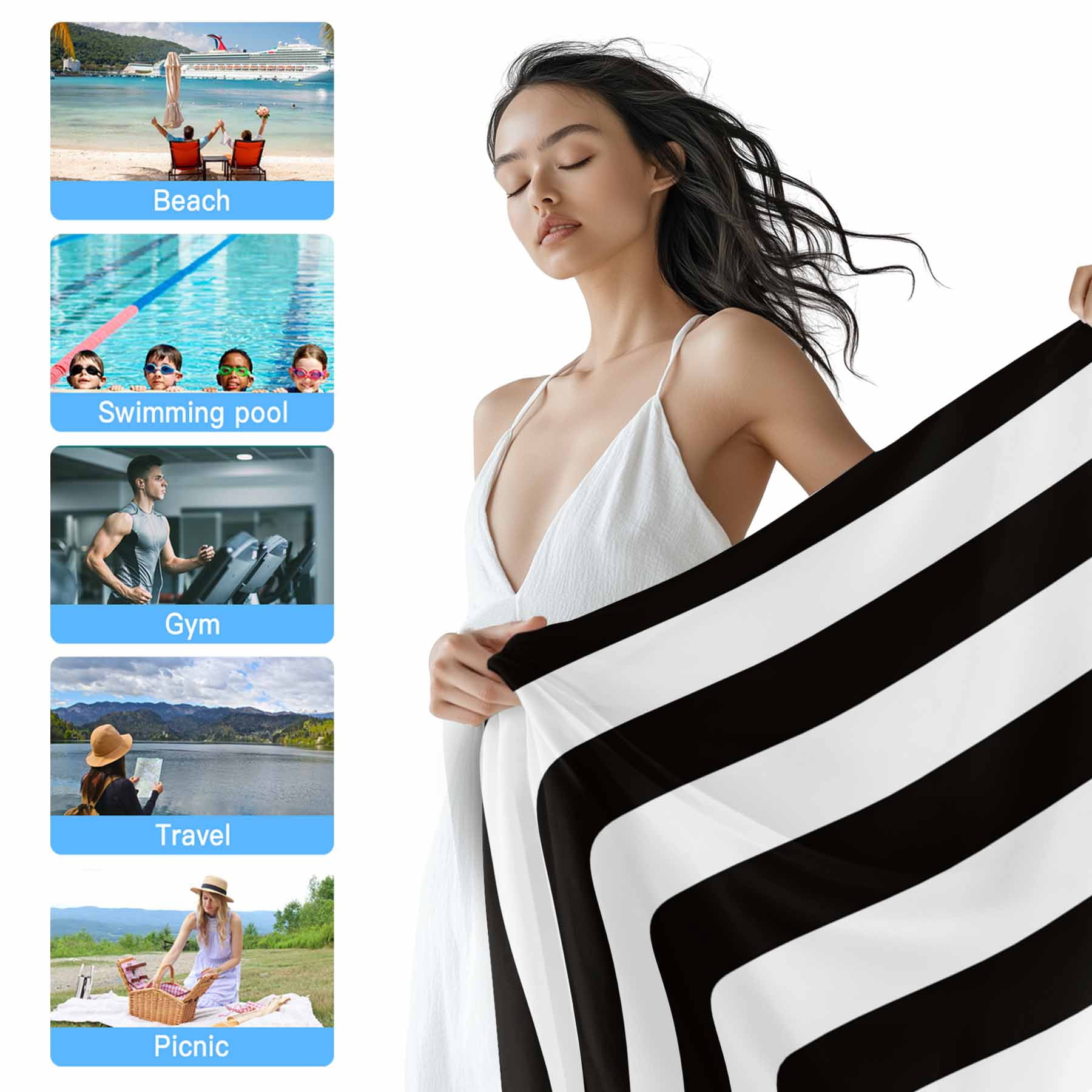 Black And White Wide Striped Beach Towels Blanket Soft&Absorbent Quick Dry Microfiber Geometric Pool Towels for Swimming ,Yoga, Sports, Gym, Camping,Large 35X70in,