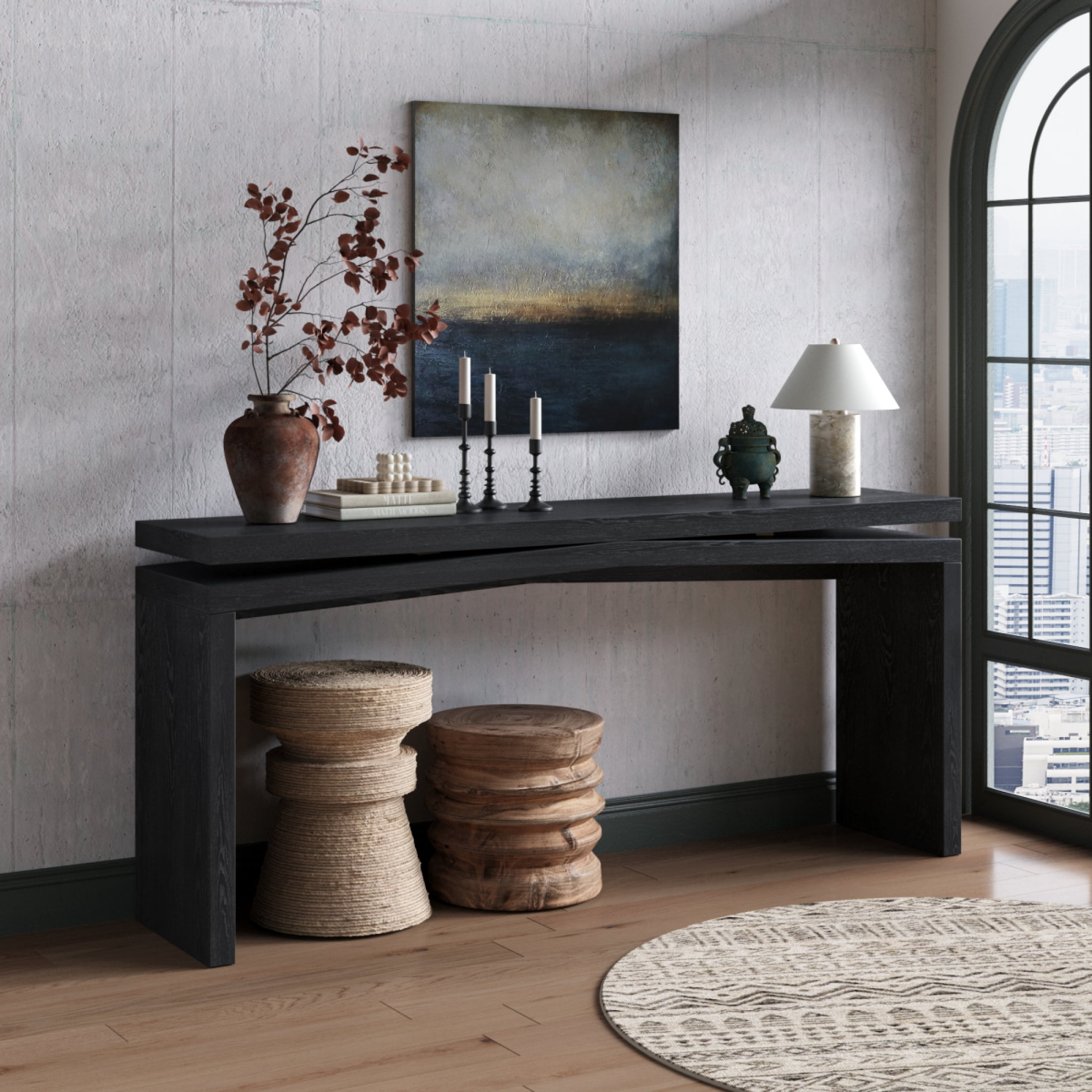 Atumcto 65" Long Console Table, Rustic Wood Entryway Table with Geometric Base, Narrow Sofa Table for Living Room Hallway, Farmhouse Accent Table