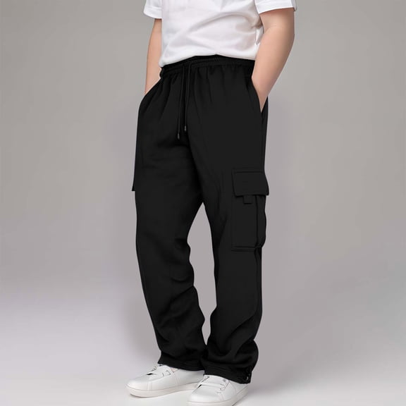 Boys Sweatpants Solid Color Elastic Waist Drawstring Pants Kids Trendy Casual Wide Leg Trousers with Pockets Black 3-4 Years