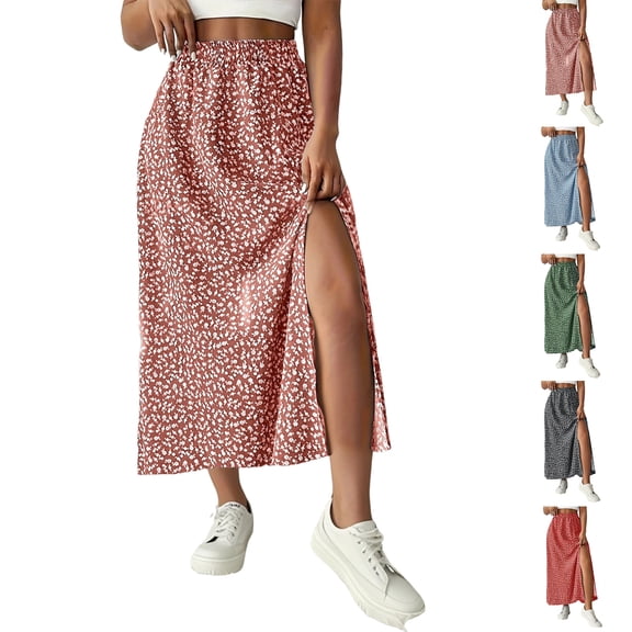 Women's Printed Maxi Skirt with Side Slit, Casual High Waist Flowy Long Skirt, Boho Summer Skirt for Vacation, Beach and Daily Wear,Black,L