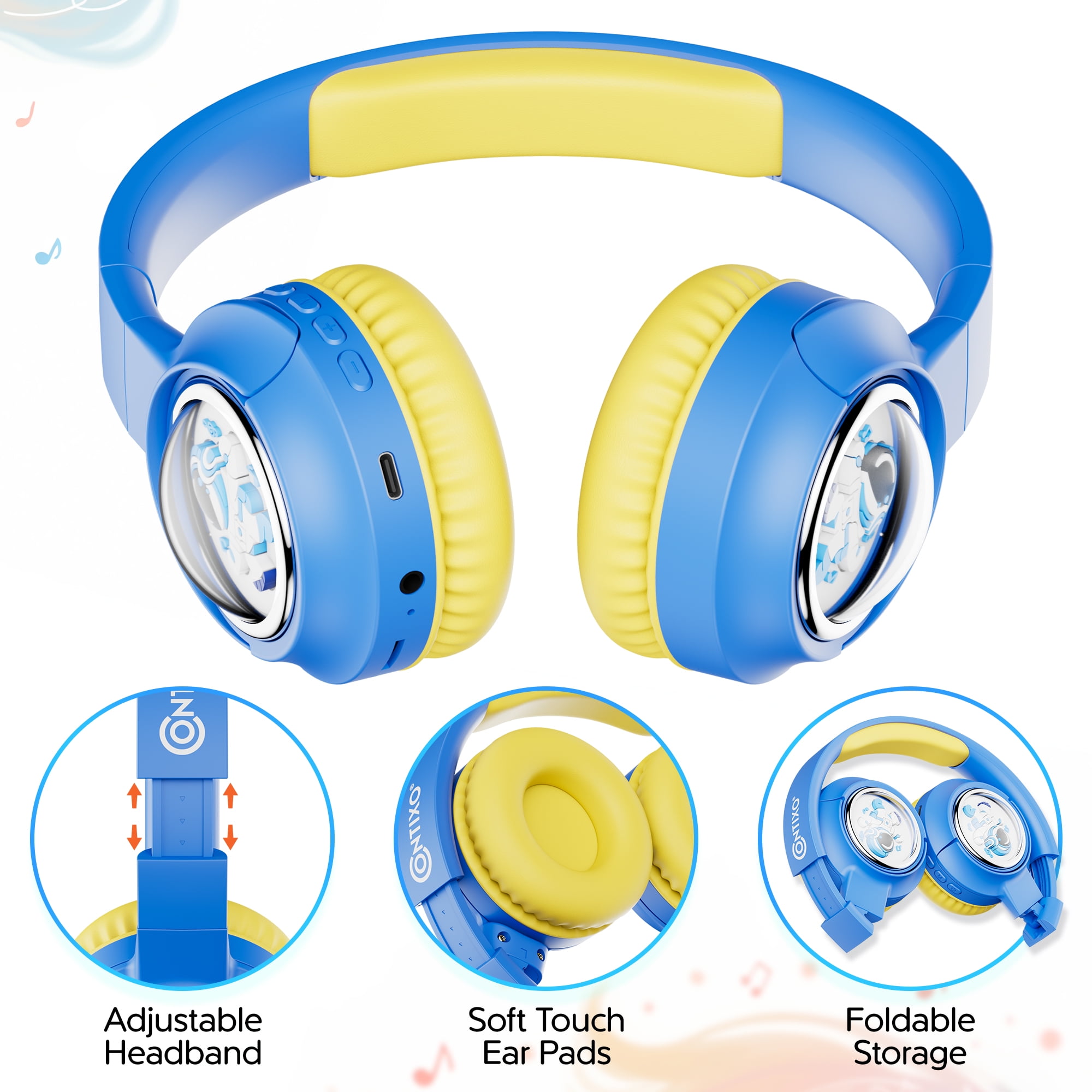 Contixo Foldable Kids Headphones with Microphone, Noise-Limiting Bluetooth Headphones, Blue
