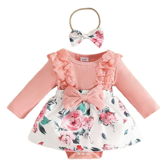 MEZZALL Baby Girls Long Sleeve Lace Trim Romper Dress Bodysuit One-Pieces O-Neck Onesie Outfits Sets With Headband Casual Beach School Party Fall Winter Toddler Dailywear Holiday / 9-12 Months