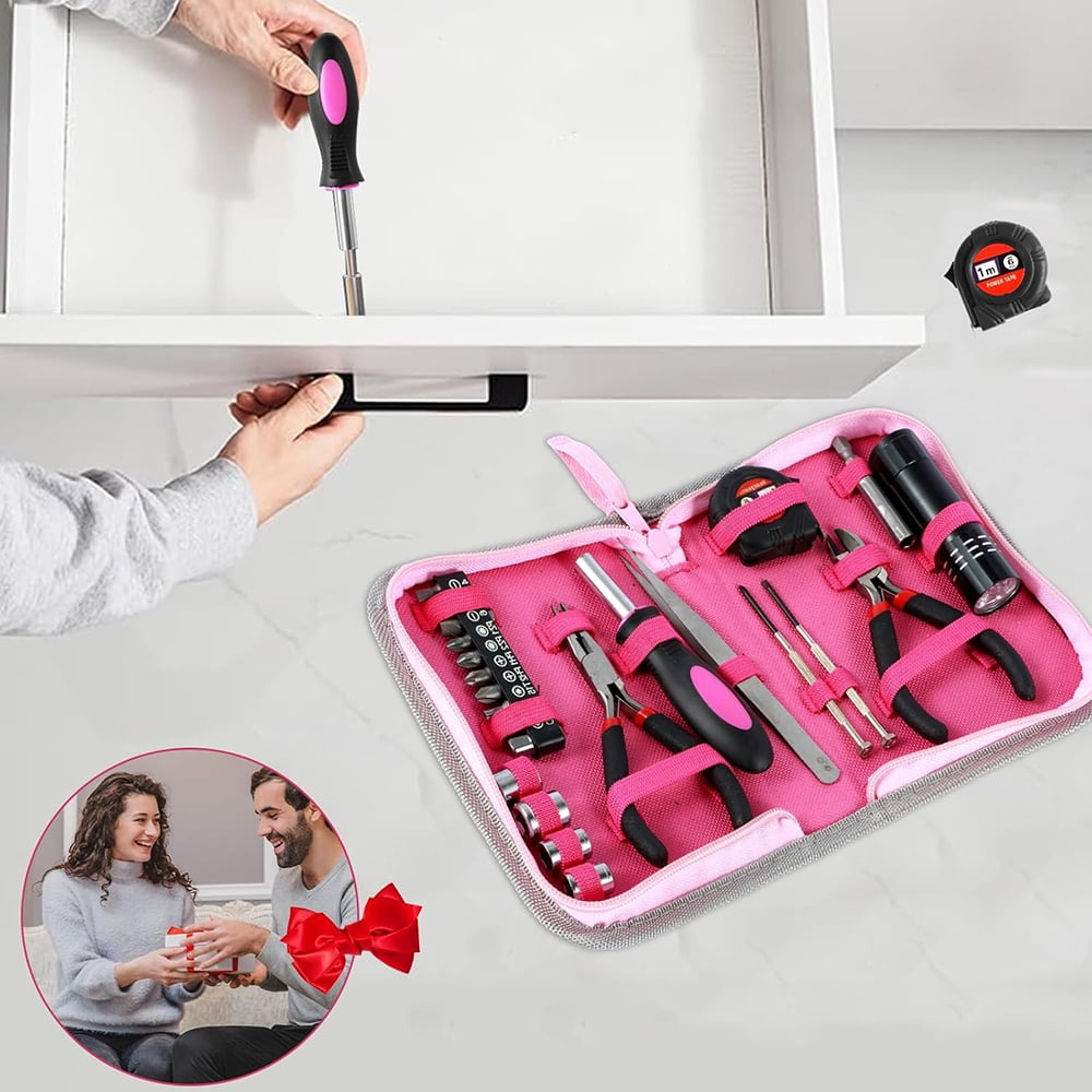 General Household Tool Set, Pink Tool Set withToolbox Storage Case, Essential Hand Tools for Everyday Home Repairs, Household Tool Kit for Women, Girls and Ladies