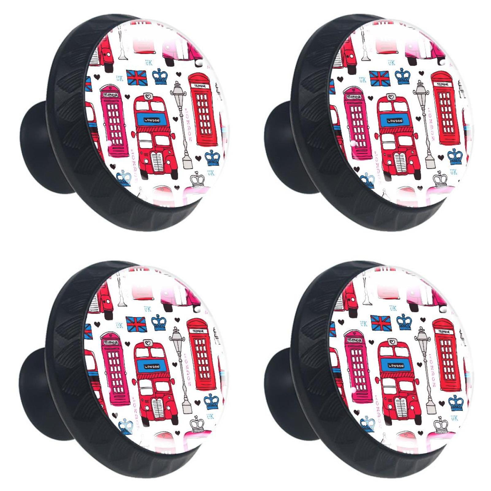 4 Pcs London Love UK Bus Knobs for Kitchen Cabinet Cupboard Dresser Bookcase Drawer Pulls Handles Round Home Decor
