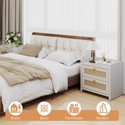 Natural Linen Nightstand, Boho Bedside Table End Table with Quiet Soft Close Drawer, Wood Farmhouse Large Night Stands with Charging Station for Bedroom, Ash