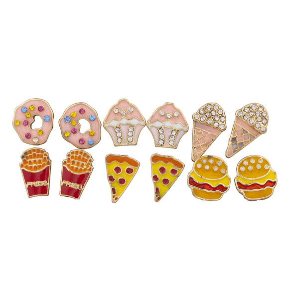 Lux Accessories Gold Tone Desserts and Junk Food Novelty Multi Earring Set 6PC