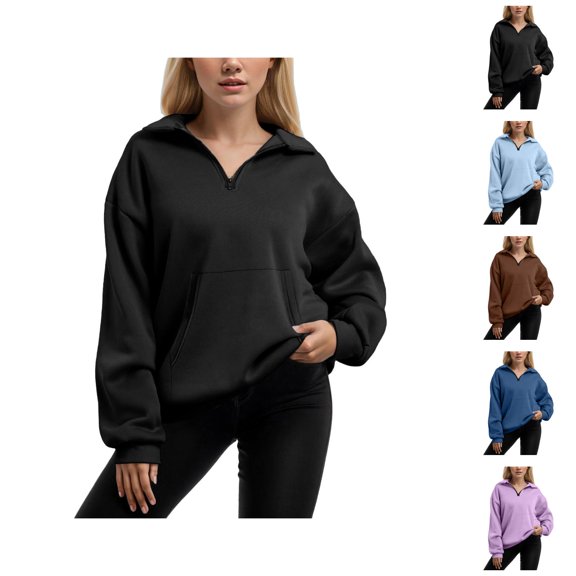 Women'S Sweatshirt Women's Solid Color Sweatshirt Women's Half Zip Pocketed Long Sleeve Pullover Hoodie For Sports & Leisure