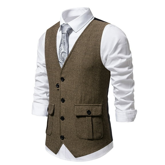 SDNall Mens Tweed Vest Men Solid Fashion Have Pockets Button Turn-Down Collar Tanks Tops Blouse Mens Dress Vest