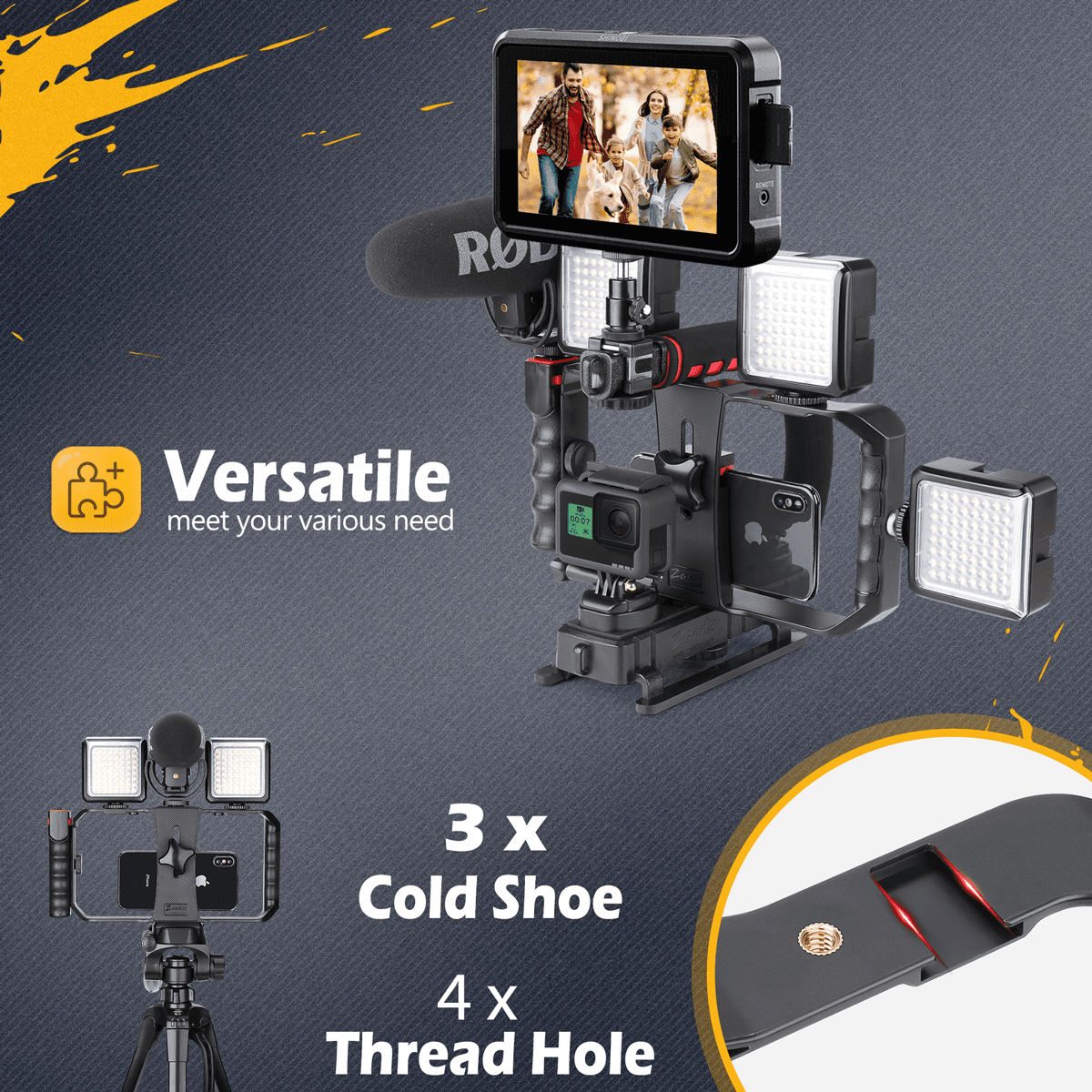 Zeadio Handheld Camera Stabilizer with Smartphone Grip, Compatible with DSLR, Camcorders, Action Cameras, Smartphones